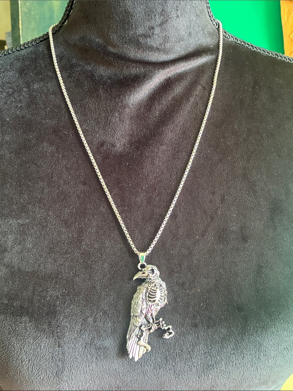 Gothic raven crow skeleton pendant necklace silvertone Edgar Allan Poe inspired